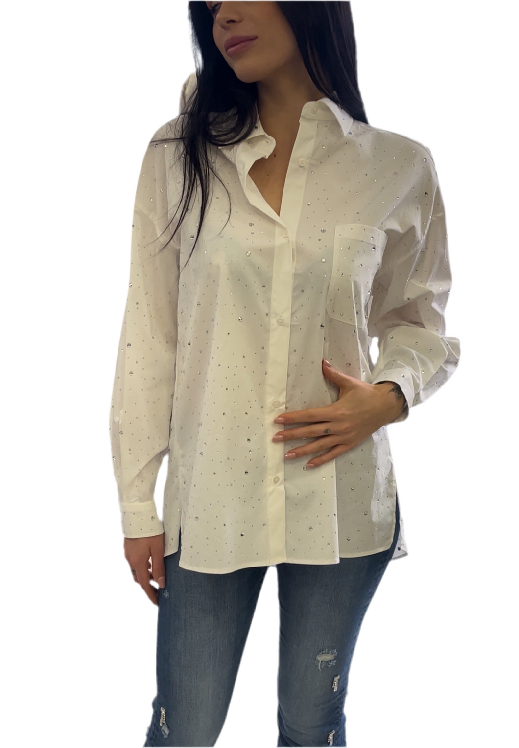 CAMICIA OVER IN POPELINE CON STRASS